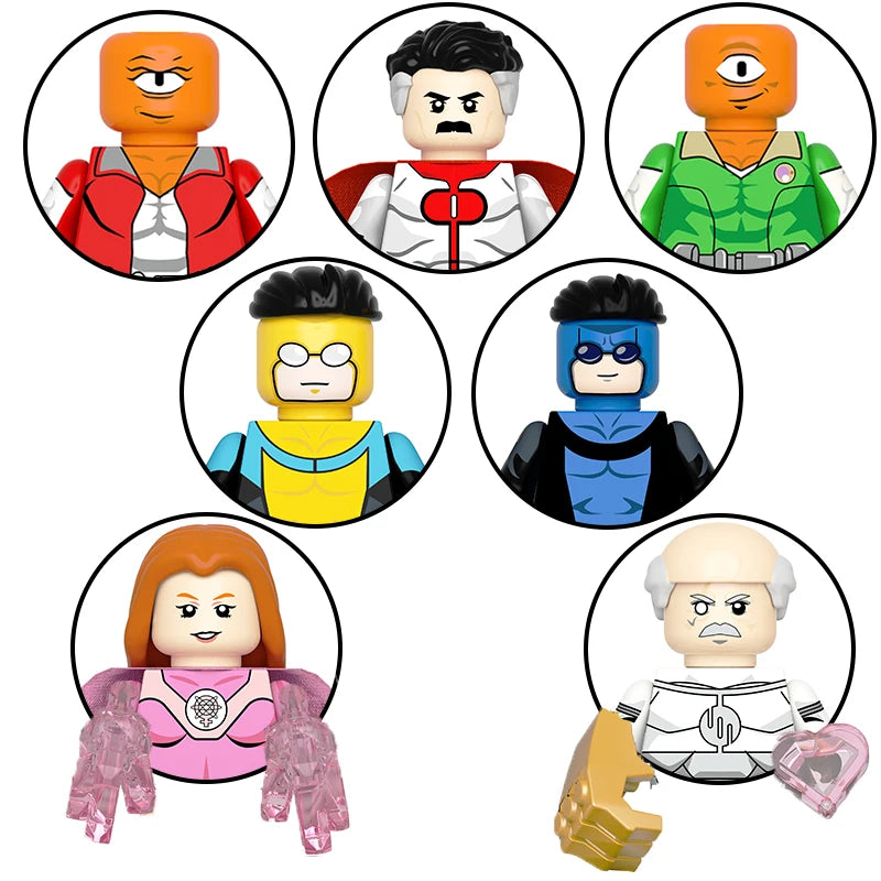 Custom LEGO inspired Invincible, Omni-Man, Atom-Eve, Allen the Alien, and Conquest Minifigures