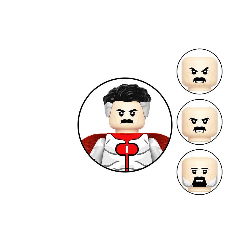 Custom LEGO inspired Invincible, Omni-Man, Atom-Eve, Allen the Alien, and Conquest Minifigures